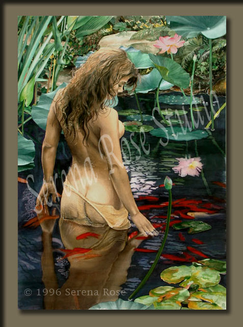 Beautiful painting of a young woman in the pond yearning to return to the natural world, to be at one with other living creatures, and to revel in the peace she finds there.