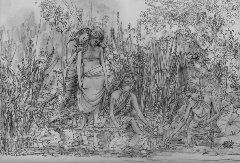 Painting in progress, image of four young girls by a pond communing with nature.