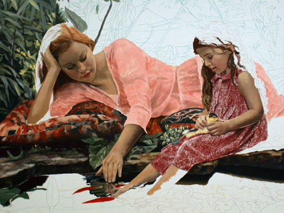 Painting in progress, image of a woman and a little girl sitting by a pond with a duckling and goldfish.