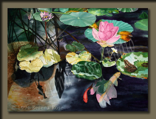 Watercolor painting by Serena Rose, The Lotus and the Frog