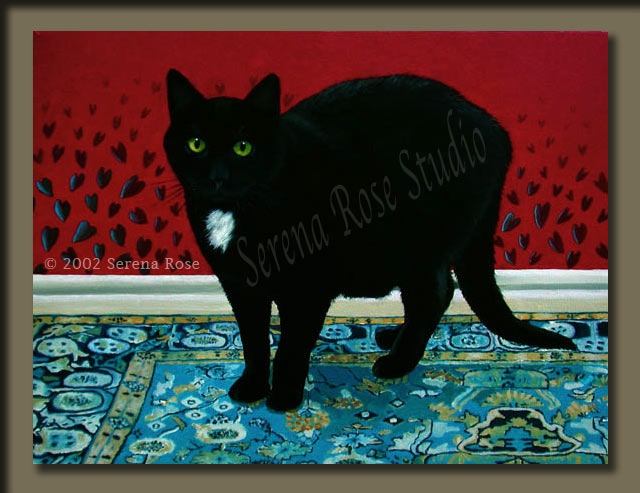 Oil painting by Serena Rose, image of a big beautiful black cat with a white spot